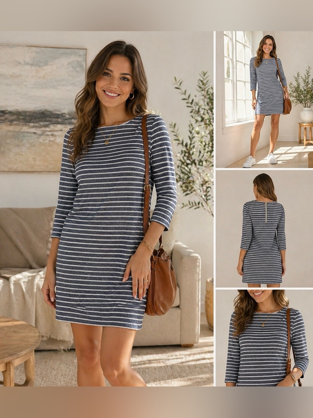 STS Blue Striped Casual Dress XS 3/4 Sleeve Soft Stretch